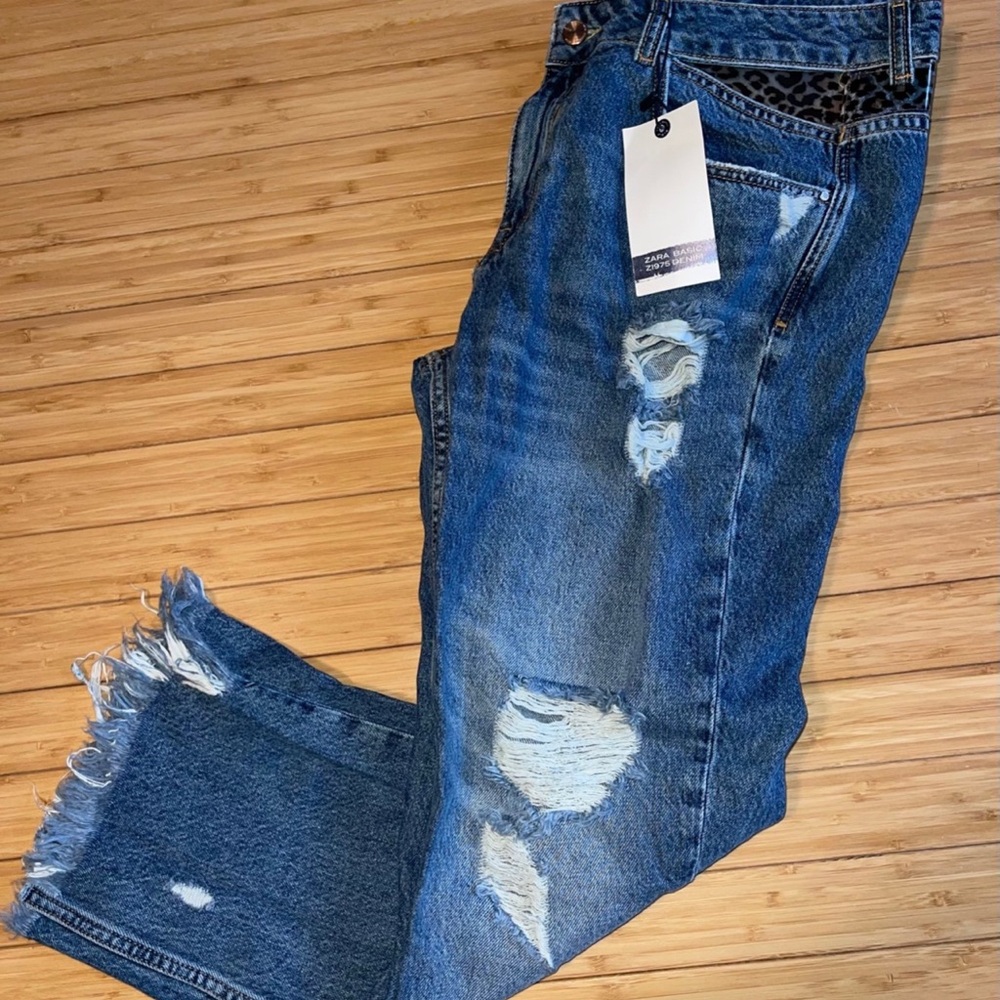 ZARA High Rise Crop Leopard Panel Distressed Jean